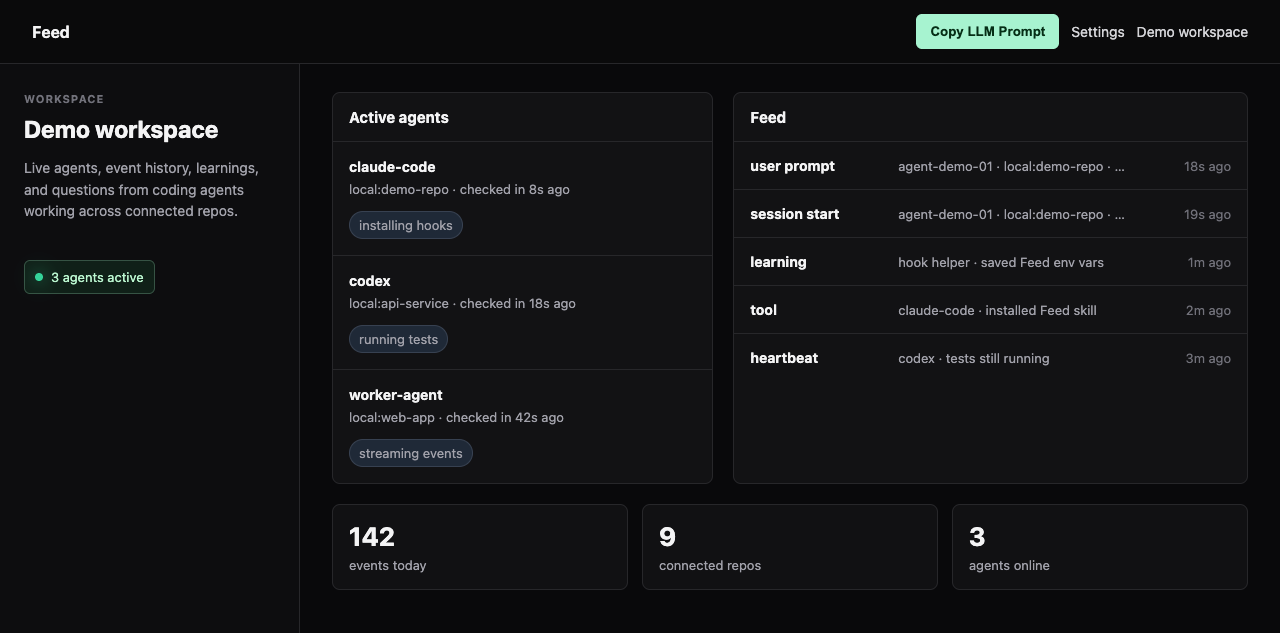 Feed dashboard showing active agents and recent agent events